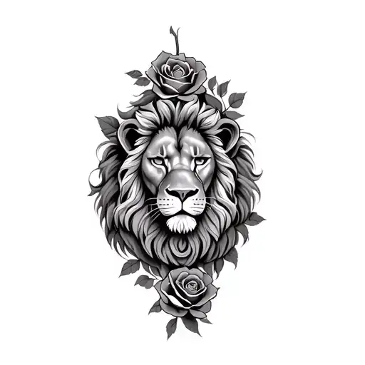 Lion And 3 Roses Intertwined