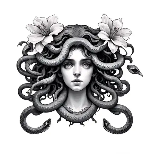 Medusa Tattoo With 14 Snakes And 2 Flowers