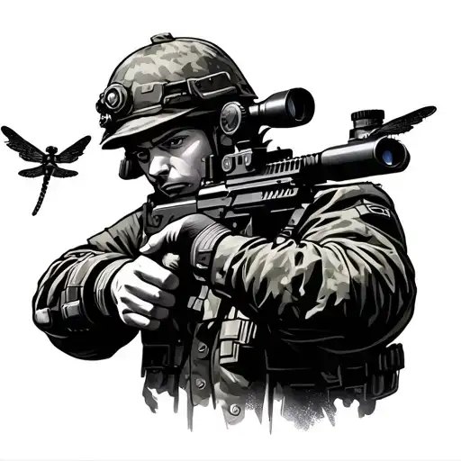Army Soldier Pointing A Weapon With A Dragon Fly On The Scope