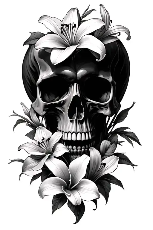 Skull With Lillies And Orchids Intertwined