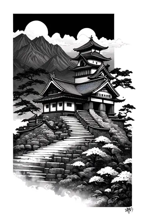 Tori Gates With A Japanese Castle Overlooking Mountains