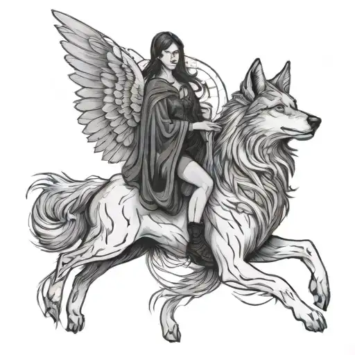 A Woman Riding An Angel Looking Wolf