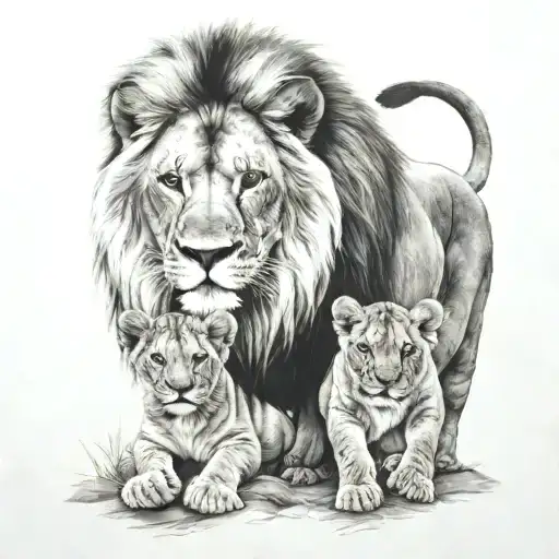 Lion And Cub Staring With Lioness