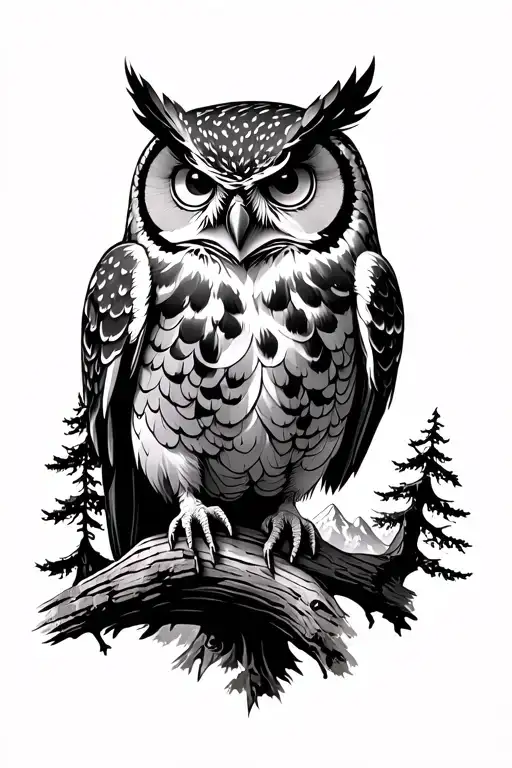 Trees And Owl Perched And Mountains