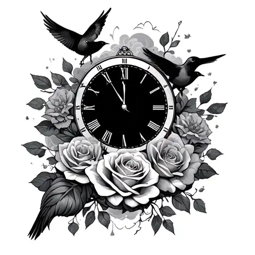 A Full Arm Sleeve With Birds Clouds Roses And A Clock