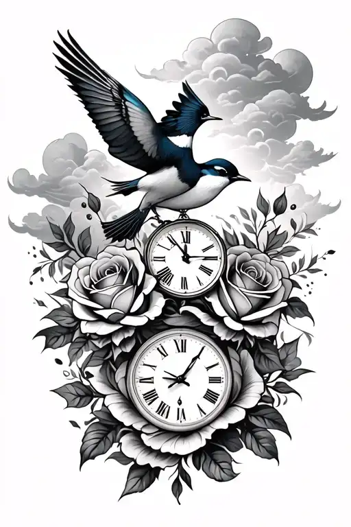 A Full Arm Sleeve With Birds Clouds Roses And A Clock