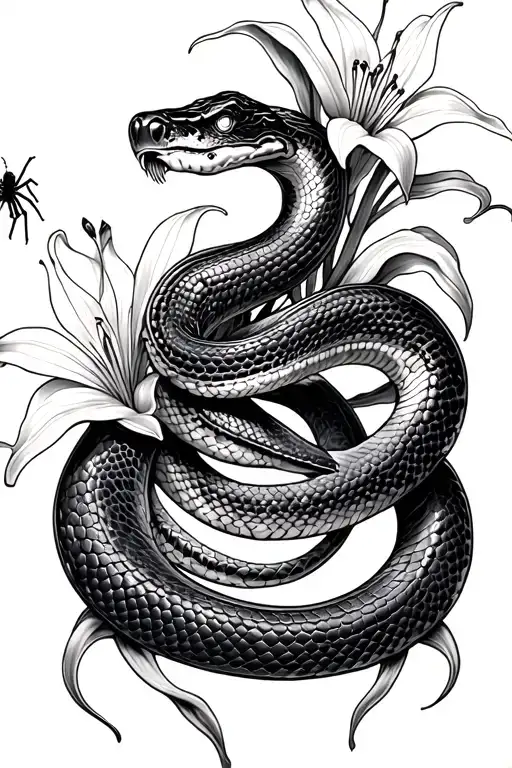 A Snake With 5 Coils And Spider Lillies Around It