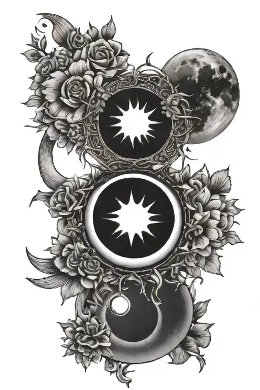 Matching Sun And Moon With Necklace Chain Falling From It And Flowers Around It