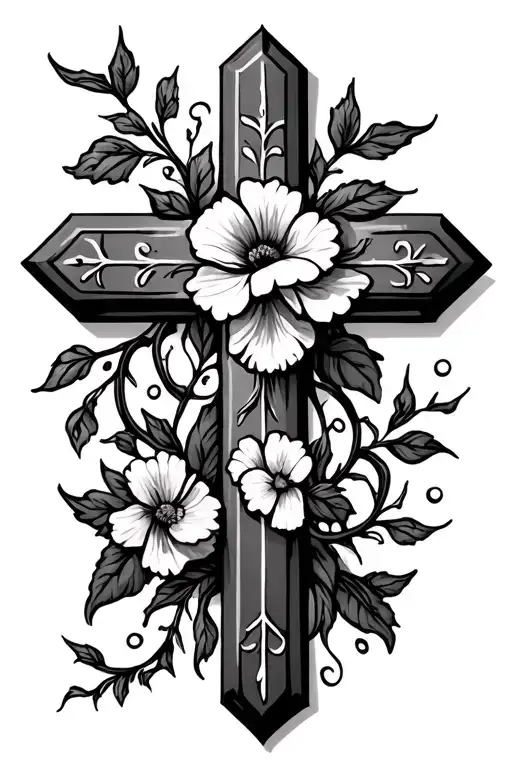 Cross Tattoo With Vines And Dainty Flowers