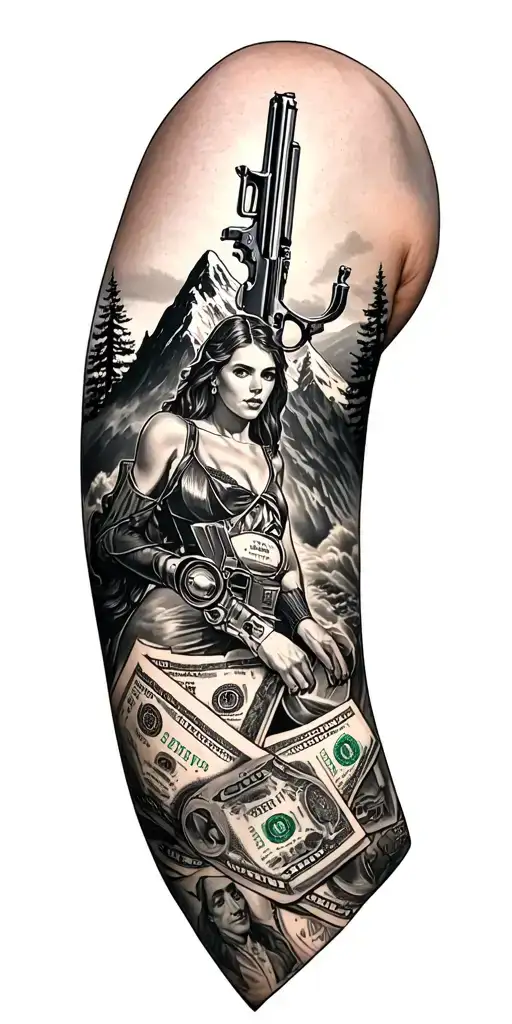 Automotive Trees Mountains Money Women Guns Sleeve Tattoo Design