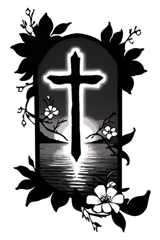 Cross Tattoo With Sunset And Small Vines And Dainty Flowers
