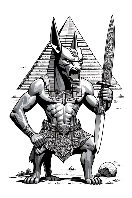 Egyptian Pyramids With Patterns And Anubis God Angry With A Knife