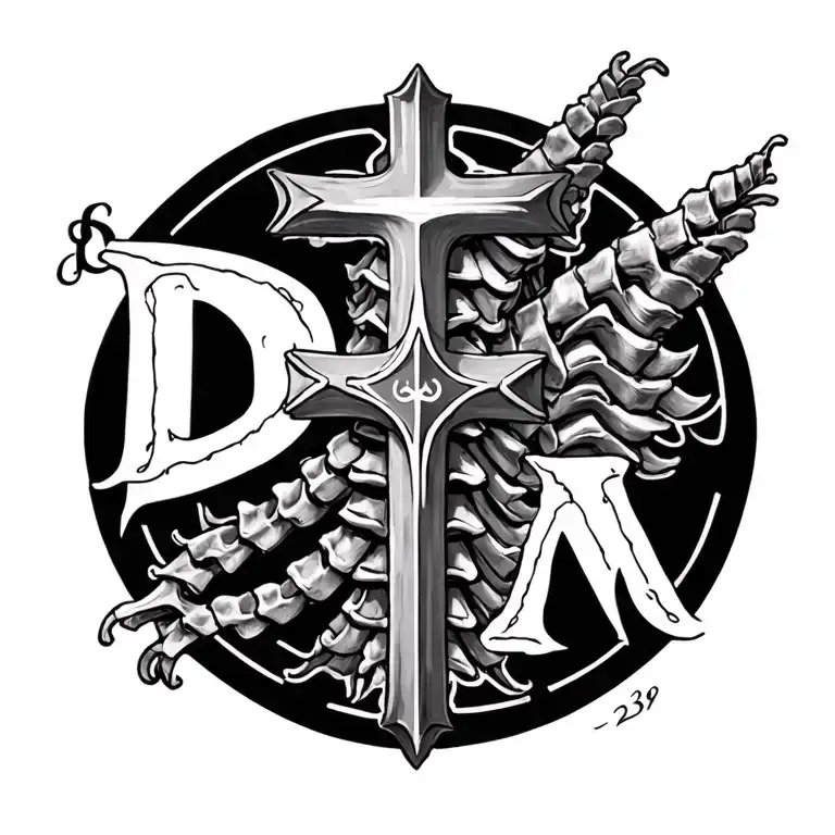 A Spine Tattoo With A Cross And The Initials Dm Overlaid