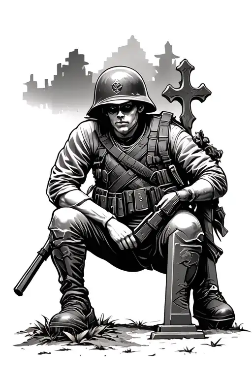 Kneeling Soldier By A Gravestone