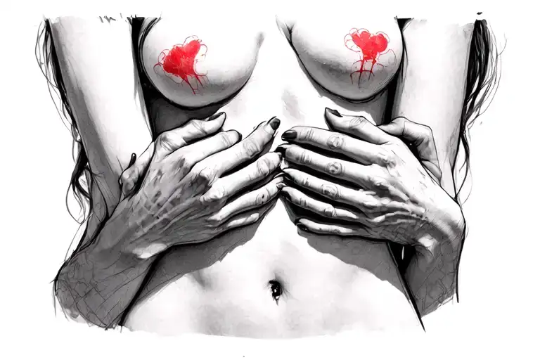 Sketch Of Female Hands Covering Mastectomy Scars Across Chest