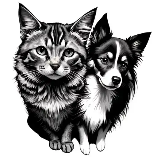 Cat And A Spitz Dog Sitting