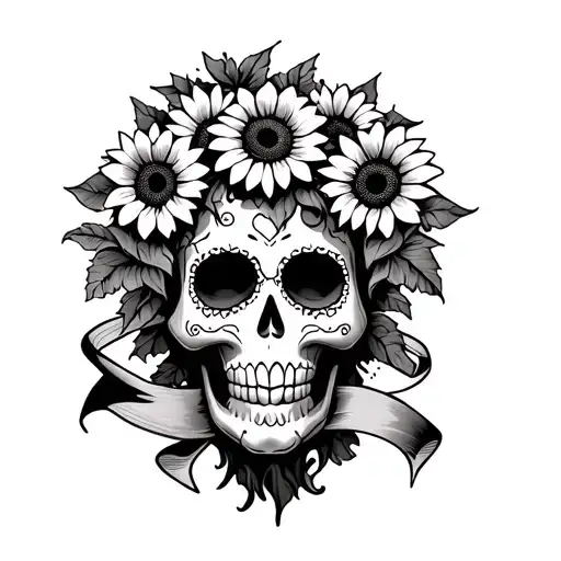 Sugar Skull With Sunflowers Coming Out Of Head And Mouth With Ribbon Going Through