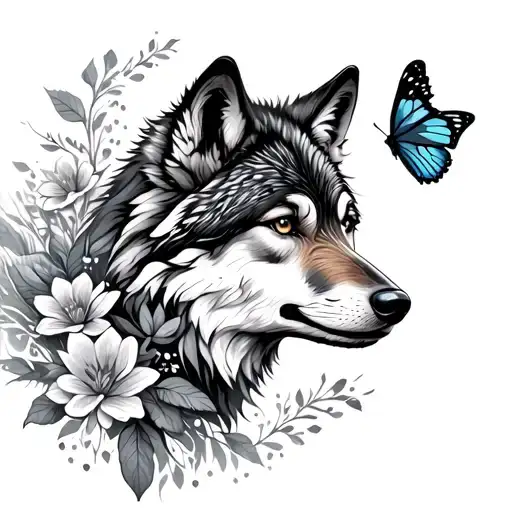 Alpha Female Wolf With Butterflies And Flowers Side View
