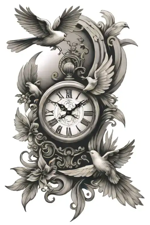 Clock And Doves Fly Up Towards Bright Shining