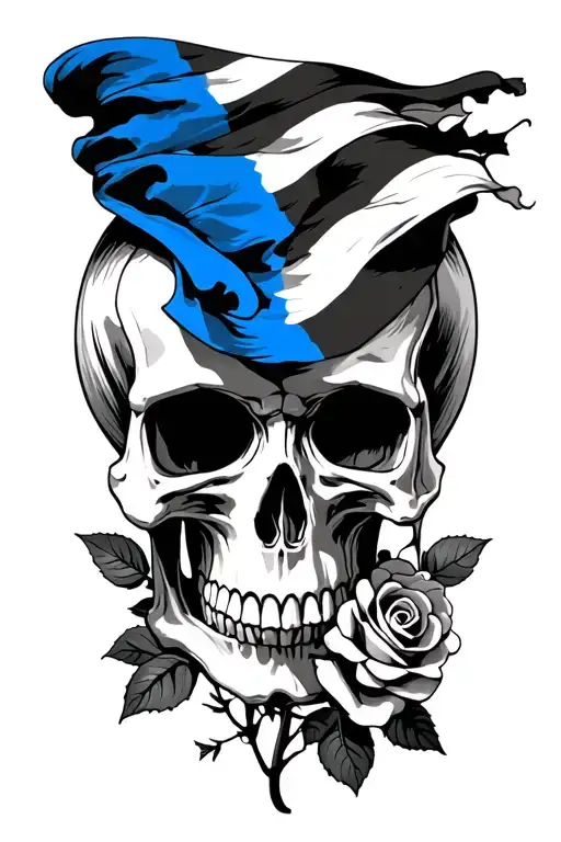 Skull With Black And Blue Striped Flag With Roses