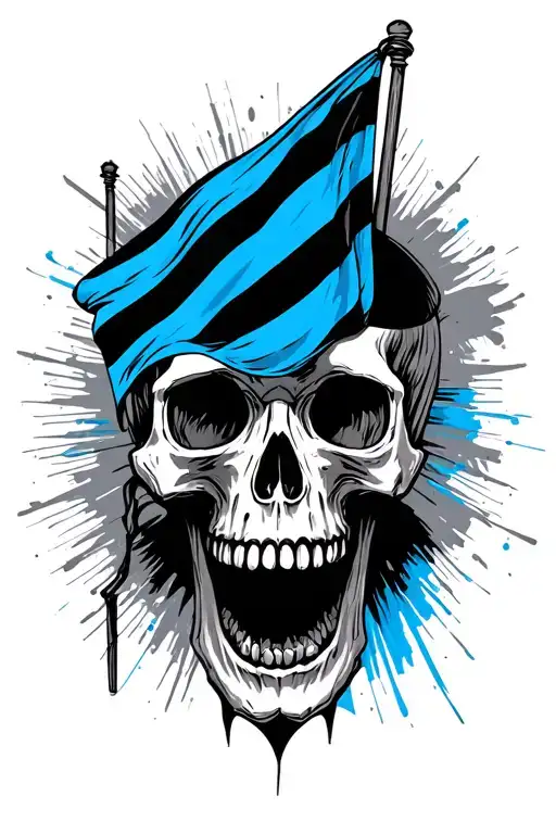 Fanged Skull And A Black And Blue Striped Flag