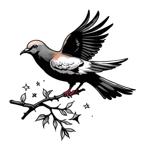 A Dove With A Branch In Its Beak And A Few Stars Around It In Fine Lines Without Details