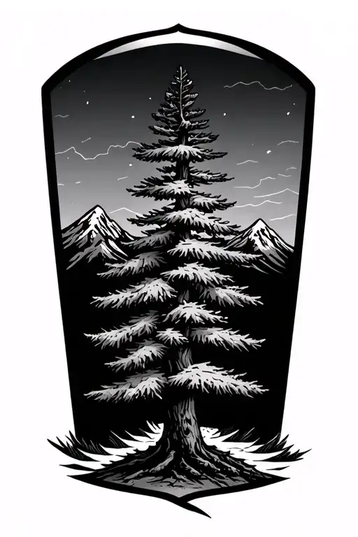 Pine Tree With Mountains Behind And Compas Black Grey