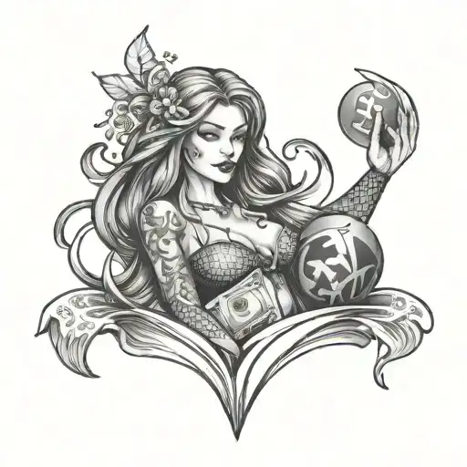 Mermaid Holding Money Bag And Diamond In The Sea