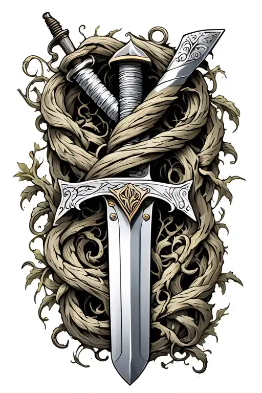 Old Sword Wrapped Up With Vines And Martinez Engraved Into The Blade