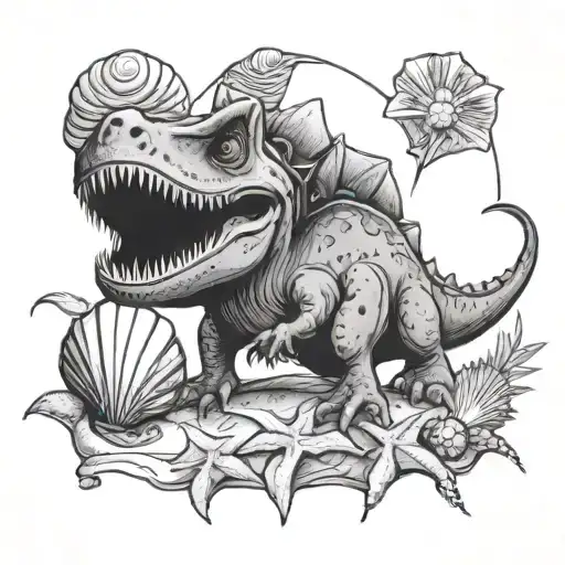Cute Fineline Dinosaur And A Seashell