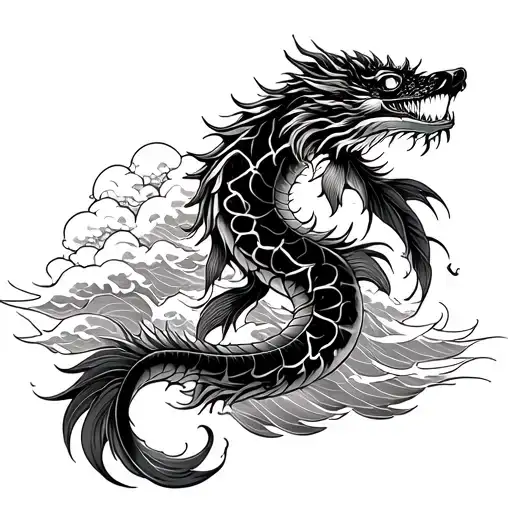 Japanese Style Dragon Koi Looking At A Dragon With Clouds Blending To Wave
