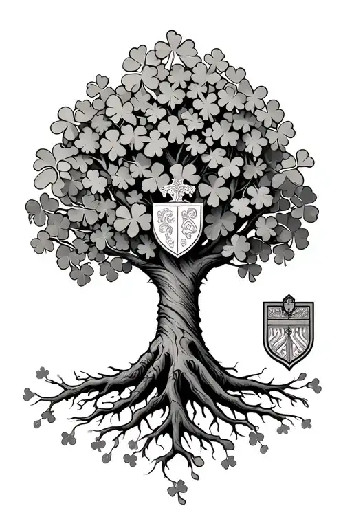 Tree Of Life With A Irish Crest As The Roots And 4 Leaf Clovers As The Leaves