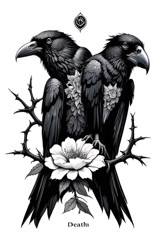 Gothic Two Ravens And Death Tarot Card With Thorns And Flower Background