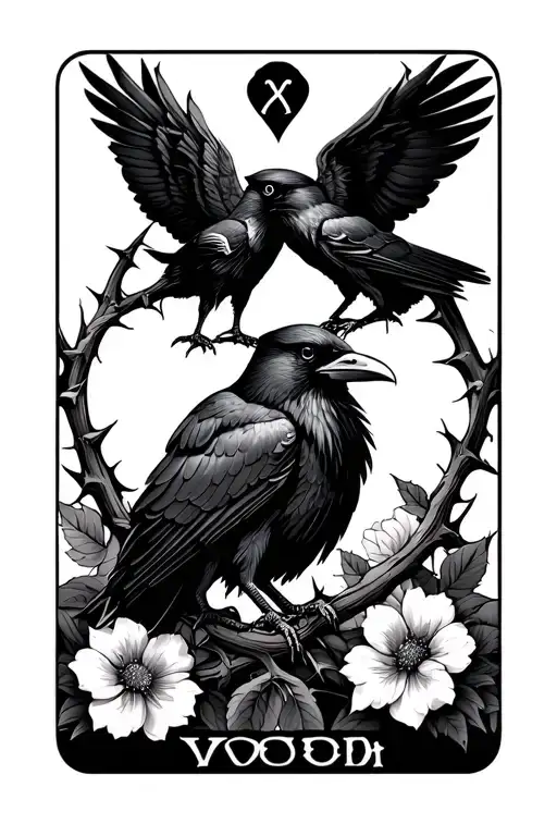 Two Ravens Death Tarot Card With Thorns And Flowers Background