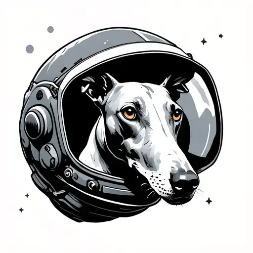Minimalist Greyhound Wearing A Space Helmet Floating Into Space