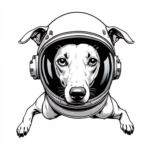 Minimalist Line Drawing Of A Greyhound Wearing A Space Helmet Floating Into Space