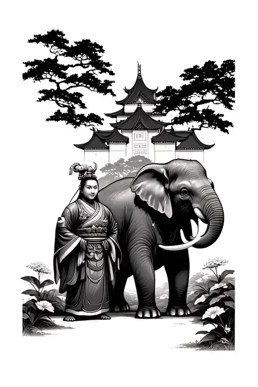 Japanese Samauri Standing By An Elephant In A Garden With A Castle Behind Them