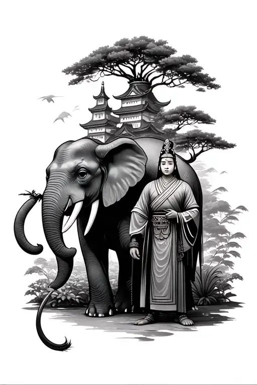 Japanese Samauri Standing By An Elephant In A Garden With A Castle Behind Them