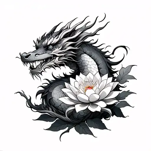 Japenese Dragon Wrapped With Lotus Flowers Growing
