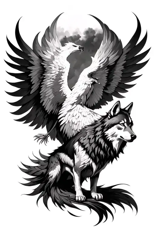 Pheonix Rising Behind A Realistic Wolf
