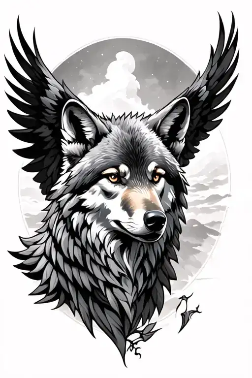 Pheonix Rising Behind A Realistic Wolf