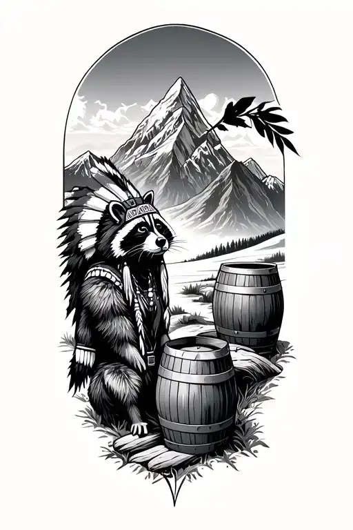 Mountains With A Indian And Racoon And Whiskey Barrels