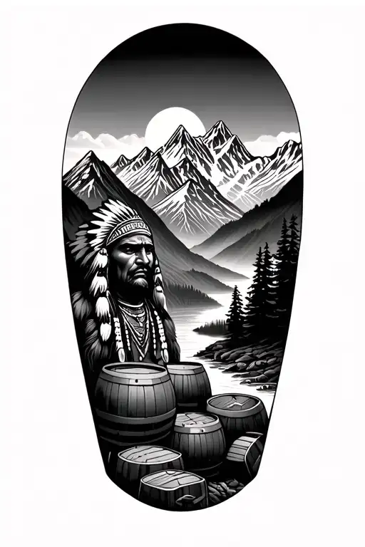 Mountains With A Indian And Whiskey Barrels