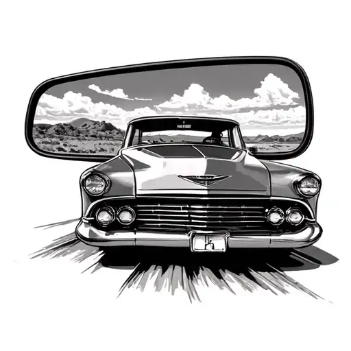 A Cars Rearview Mirror With A Western View
