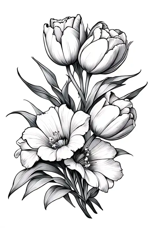 Open Flowers And Tulips Black And Grey