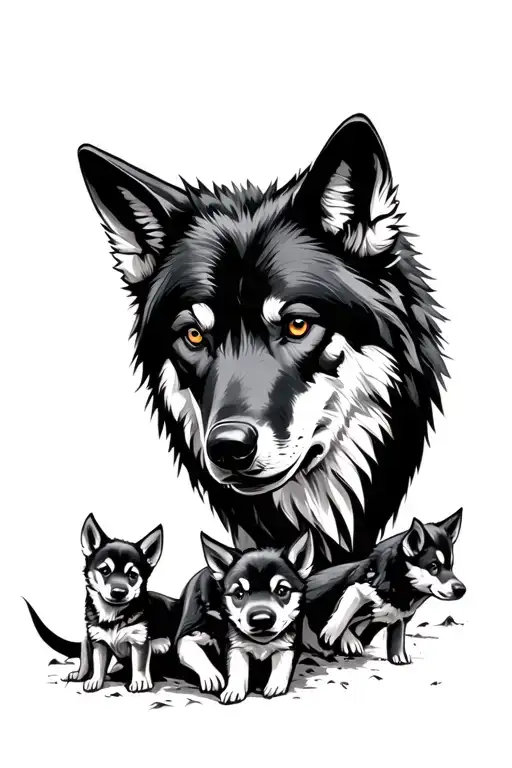 Black Alpha Wolf Head Protecting Pups Playing Near By