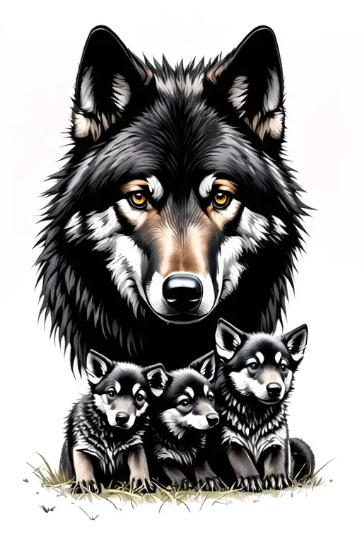 Realistic Black Alpha Wolf Head Protecting Pups Playing Near By