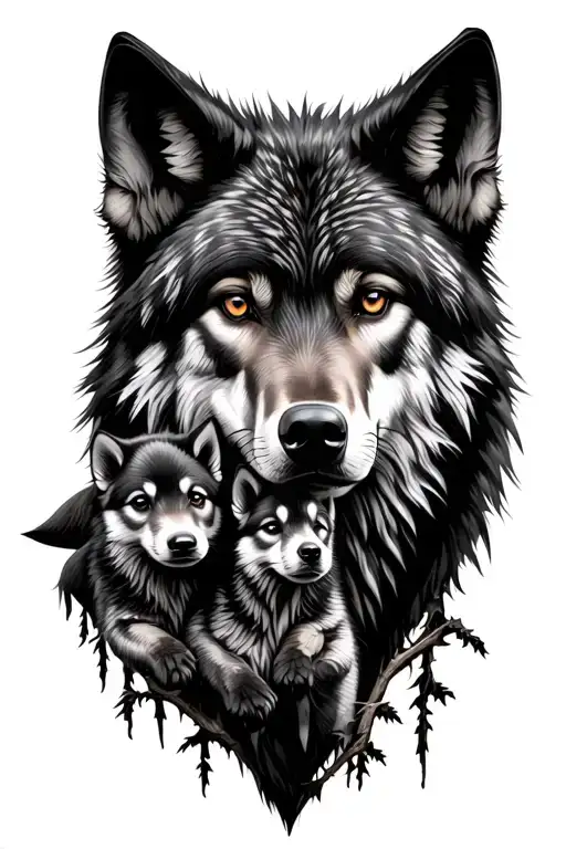 Realistic Black Alpha Wolf Head Protecting Pups Tree Background