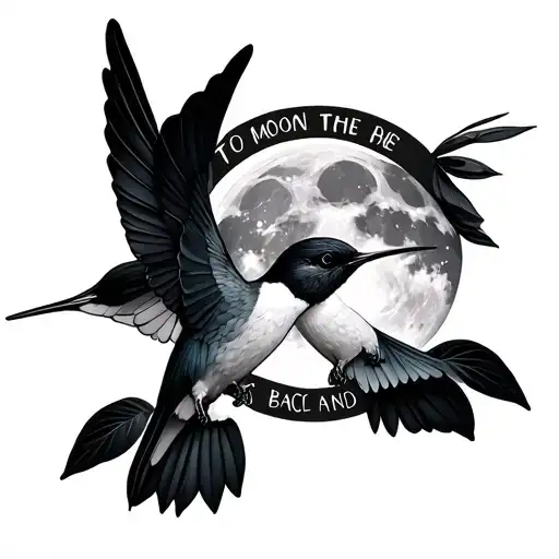 Two Realistic Black And White Humming Birds With The Words To The Moon And Back