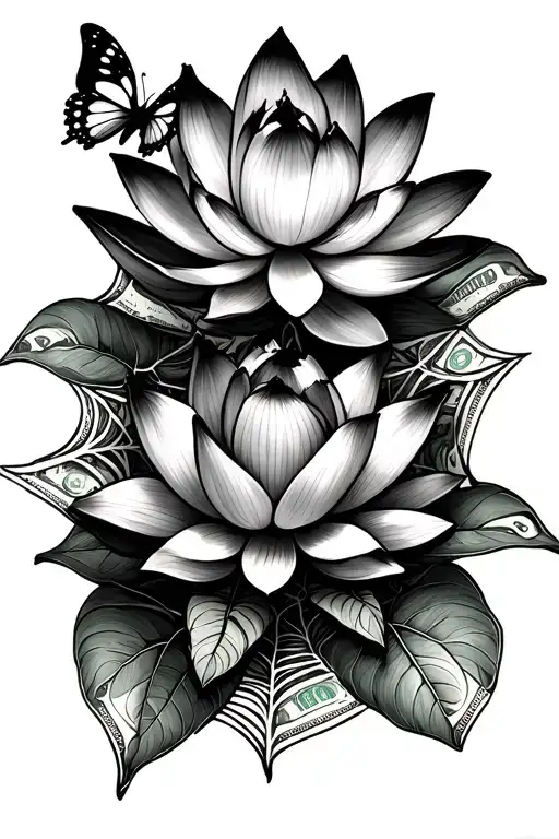 Lotus Flower And Spider Web And Money Butterflies